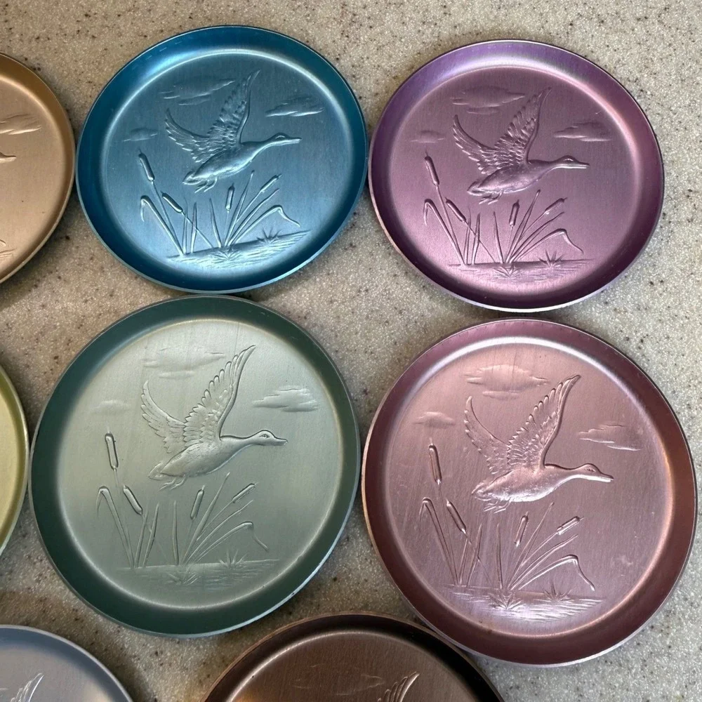 Vintage Anodized Aluminum Coasters Set of 8 Embossed Flying Duck Mallard Pastels